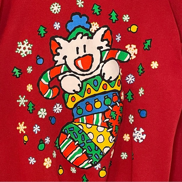 Vintage Christmas Cat Sweatshirt Large Red Ugly Sweater BJ Designer - Picture 4 of 14